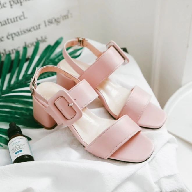 Women Sandals Plus Size 34-43 New Fashion Square High Heel Office Lady Pumps Woman Shoes Summer Student Casual Sandal Blue Pink (11)