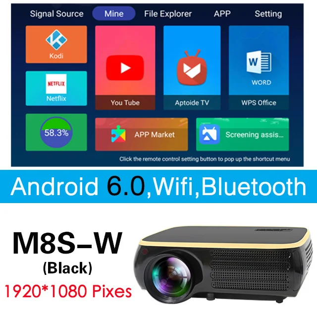 ALSTON M8S Full HD 1080P проектор 4K 6500 люмен кинопроектор проектор Android WiFi Bluetooth hdmi VGA AV USB с подарком - Цвет: M8S-W-BLACK