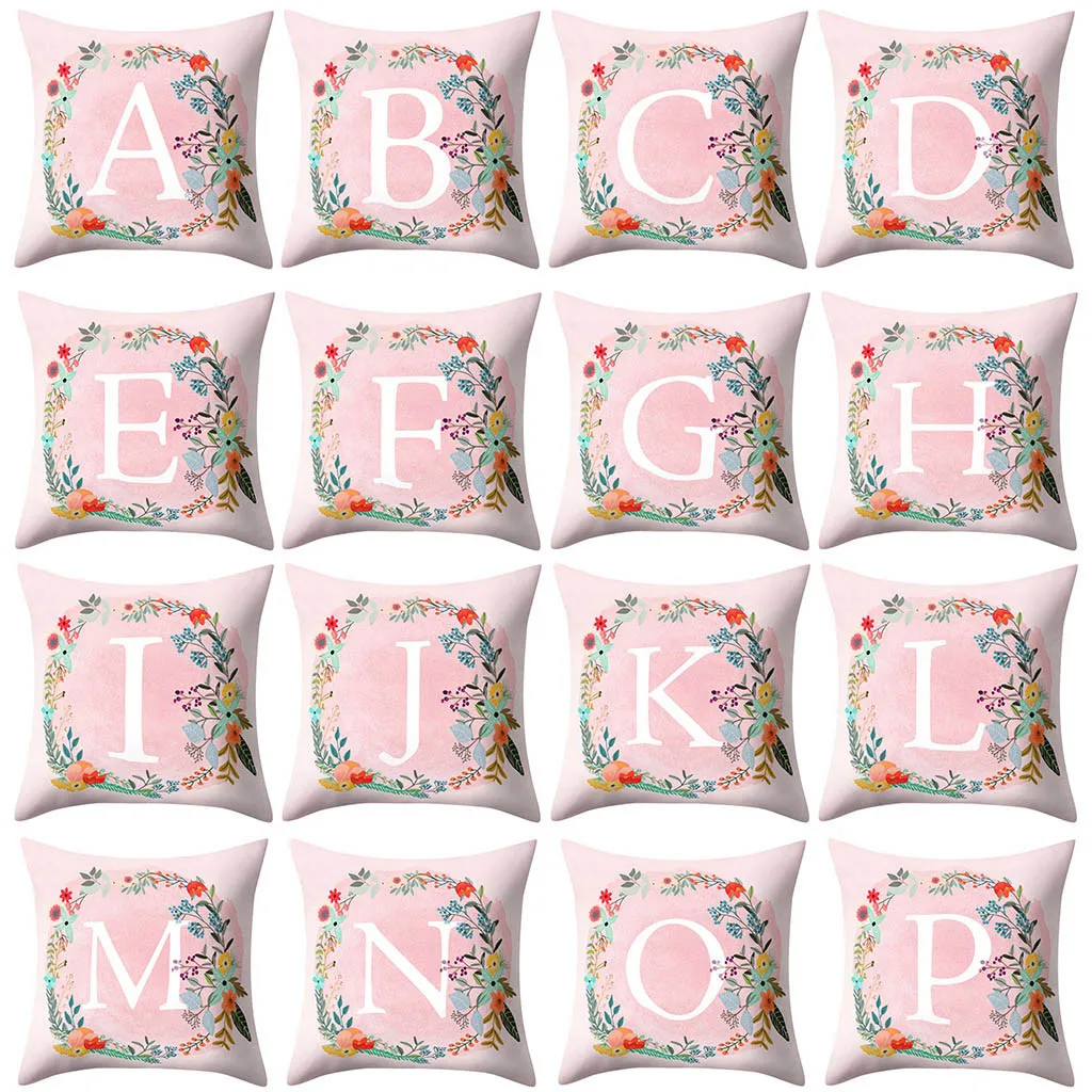 

English Alphabet Pink Flower Print Cushion Cover Pillowcase Pillow Cover Room Decoration almofadas cojines decorativos para sofa