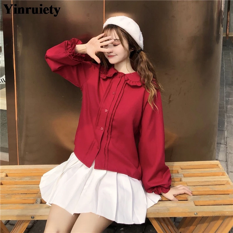 

Japanese Preppy Style Women Cute Shirt Peter Pan Collar Elegant Sweet Lolita Blouse Lantern Sleeve Kawaii Mori Girl Blusas