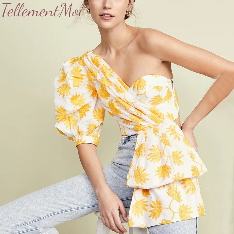 

Summer Blouse For Women Print Puff Half Sleeve Shirts Off Shoulder Irregular Crop Top Female 2019 Sexy Holiday Fashion Tide