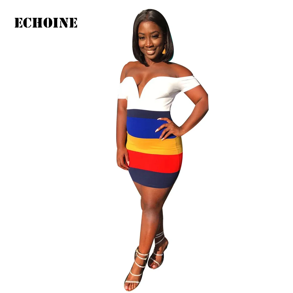 

Off-shoulder V-neck Dress Colorful Striped Print Women Summer Mini Dress Slim Bodycon Sexy Vestidos Elegant Party Club Outfit