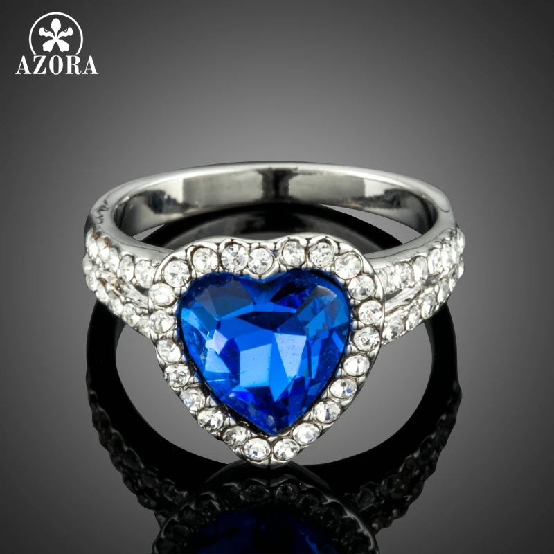 

AZORA Blue Austrian Crystal Heart Love Rings for Women Clear Rhinestone Pave Setting Cocktail Ring Female Accessories TR0207