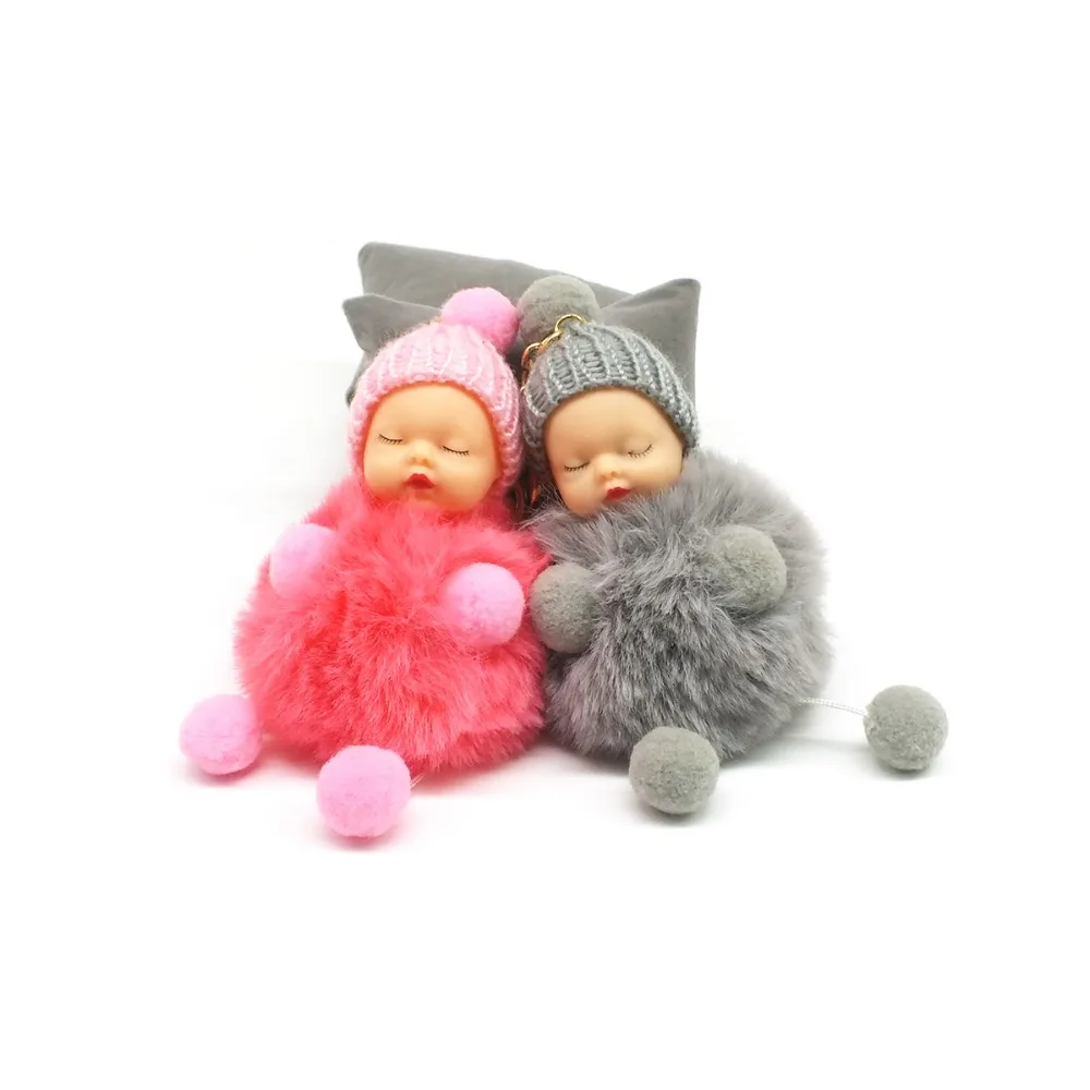 

Zoeber Cute Sleeping Baby Doll Key Chain Faux Rabbit Fur Keychain Fluffy Pom Pom Pompom Bowknot Keyring Bag Trinket Women Gift