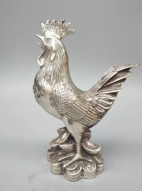 Chinese collection white copper rooster crafts statue