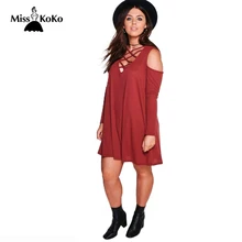 

Misskoko Plus Size Cirss Cross Front Deep V Neck Cold Shoulder Mini Dress Solid Color Loose Women Dress Large Size Mini Dress