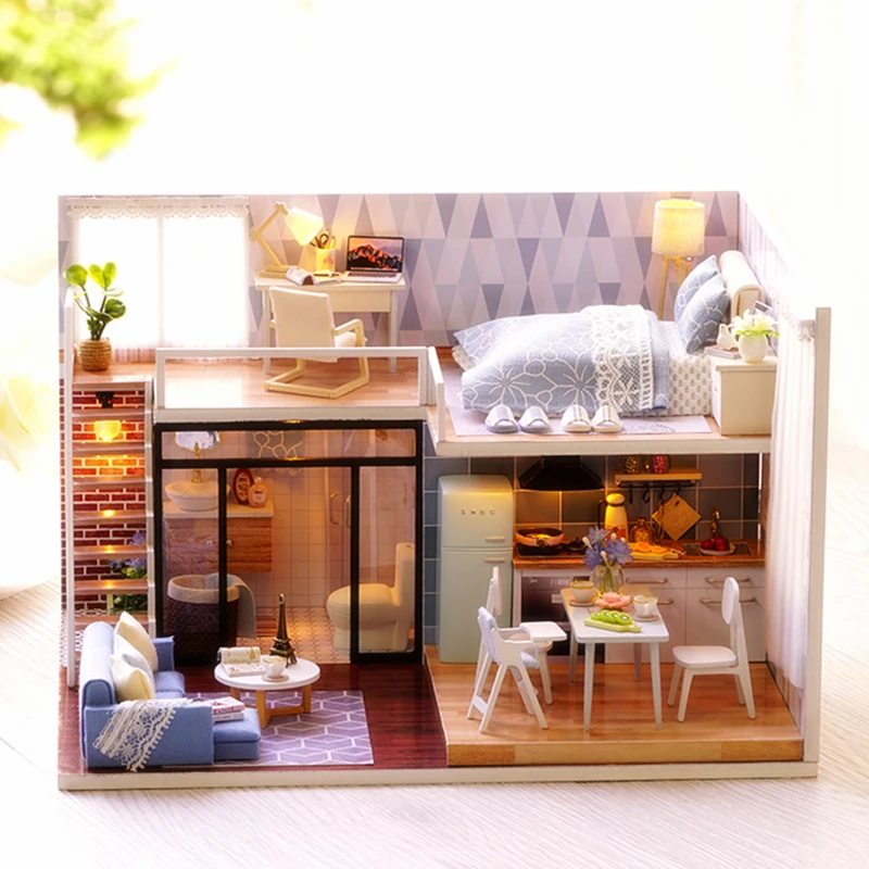 

Cute Room DIY Doll House With Furniture LED Light Miniature 3D Wooden Mini Dollhouse Handmade Toys Gift For Kids L023 #E