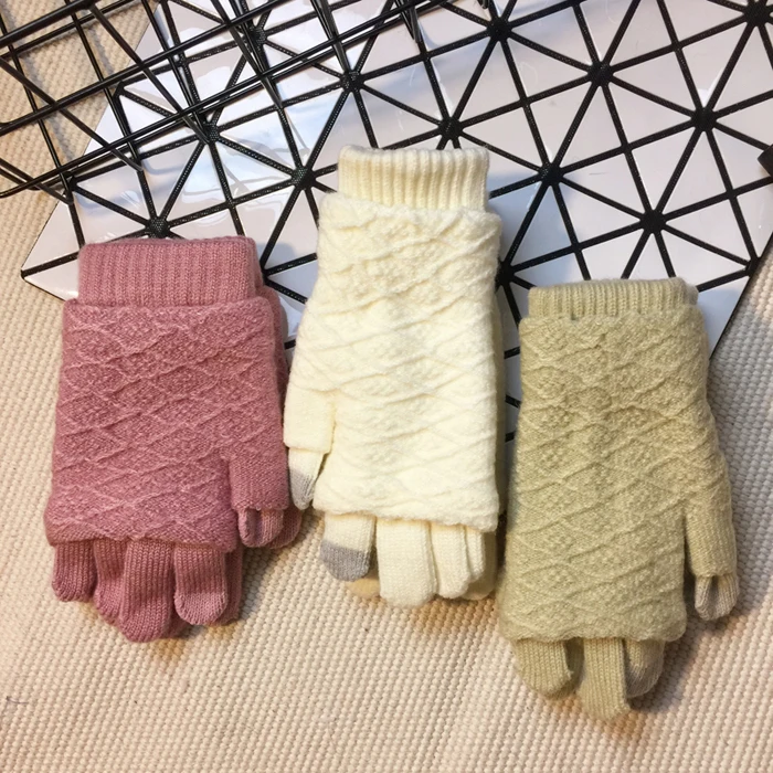 Зимние вязаные перчатки для Для женщин из двух частей Сенсорный экран варежки модные теплые Полуботинки палец перчатки Женские варежки