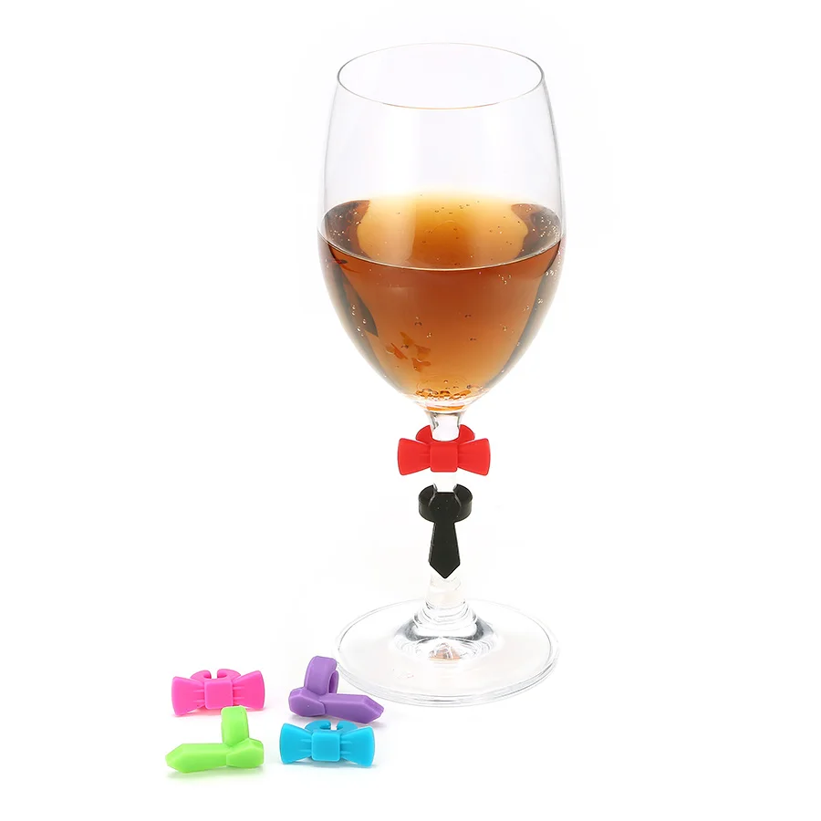 

6pcs Neck tie Bow tie Silicone Universal Wine Glass Drink Markers Charms with clip for Stemware Glasses,