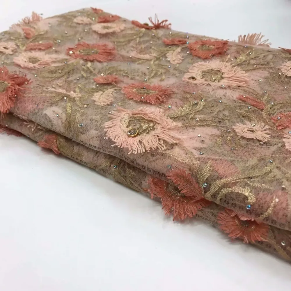 

Orange African Lace Fabric 2018 Embroidered Applique Stones Nigerian Lace Fabric Bridal French Tulle Lace Fabric For Women dress