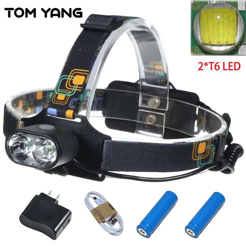 

10000 LM USB Charge Cree XM-L T6 Headlamp 2*T6 LED Powerful Focus Head Light 3 Modes Self Defense Camp Head Lampe LED Headlight