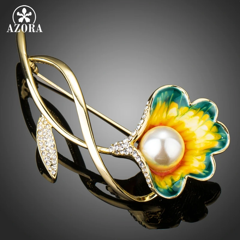 

AZORA Fashion Jewelry Gold Color Tree Branch Brooch Pins for Women Simulated Pearl Oil Painting Pattern Flower Brooches TP0061