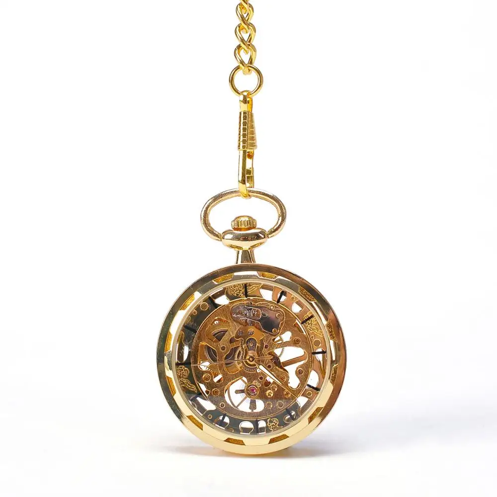 Золотые, серебряные, бронзовые, черные модные мужские винтажные ручные карманные часы, антикварные крутые Механические карманные часы с цепочкой и ожерельем - Цвет: Gold Watch