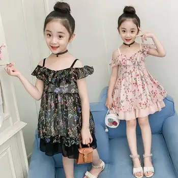 

2019 Summer Kids Girl Off Shoulder Ruffles Dress Teen Girls Print Floral Chiffon Dress Children Mesh Princess Sling Dresses Q956