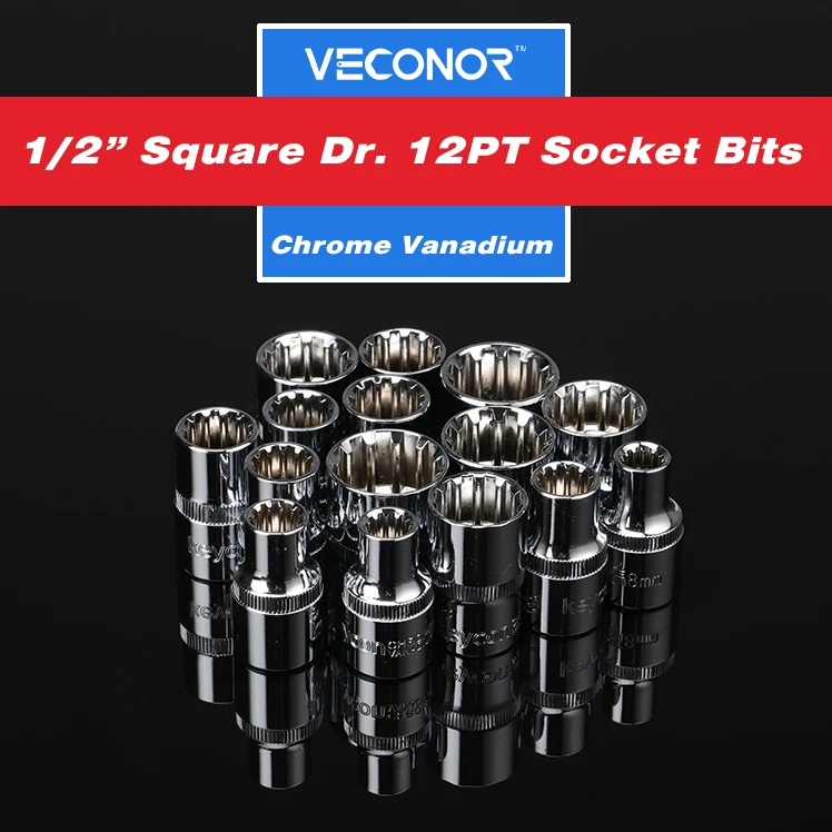 

1/2" Square Drive 12pt Socket Bit Ratchet Wrench Socket Power Tool Accessories CRV 8 to 22mm