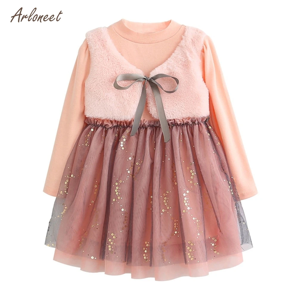 

ARLONEET baby girl dresses party and wedding Long-sleeved fake two-piece pleated stitching mesh vest lace bow princess dress2018