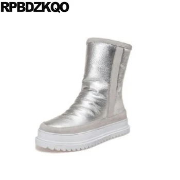 

flatform silver muffin platform high quality real fur suede shoes winter snow boots women ankle creepers round toe australian