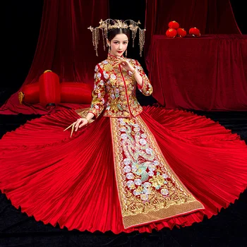 

Noble Female Red Flower Cheongsam Vintage Marraige Suit Exquisite Asian Bride Wedding Dress Full Length Qipao Toast Clothing