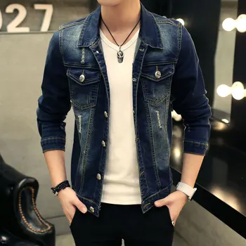 

Men Spring And Autumn Fashion Brand Korea Style Vintage Slim Fit Hole Denim Jacket Male Casual Coat Blue Jacket Cloth