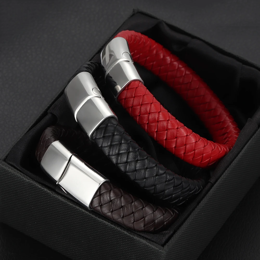 Unisex Braided Genuine Leather Bracelet Stainless Steel Magnetic Clasp for Women Men Gift Trendy Jewelry Woven Custom Bangle