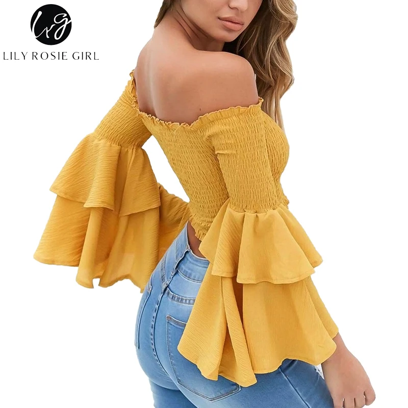 Lily Rosie Girl Off Shoulder Yellow Blouse Shirt Women Sexy Ruffle Short Blusas Femme Butterfly Long Sleeve Summer Beach CropTop