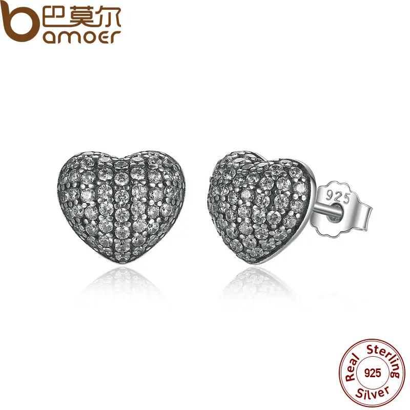 

BAMOER Zirconia Brincos 925 Sterling Silver In My Heart Pave Stud Earrings, Clear CZ for Women Fine Jewelry Wedding PAS444