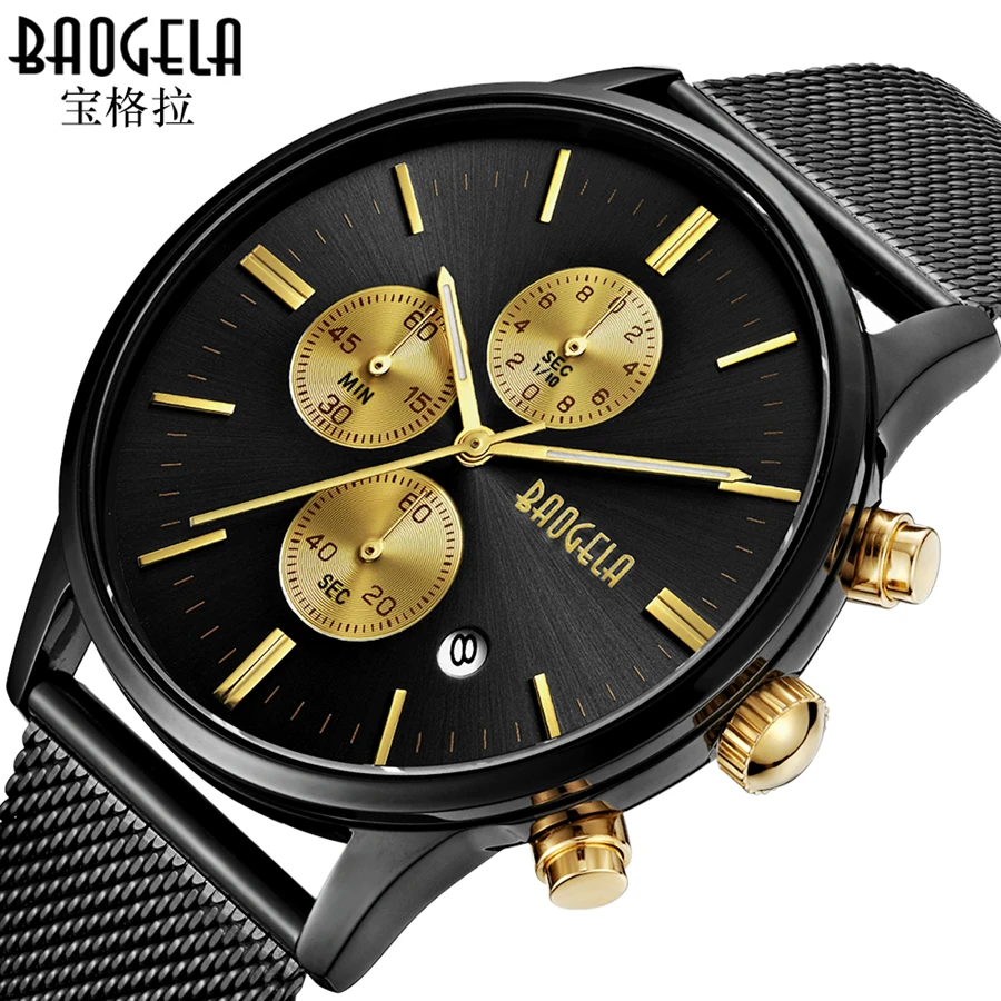 

BAOGELA Quartz Men Watches Fashion Stainless Steel Chronograph Business Watch Clock for Gentle Men Male Students Reloj Hombre