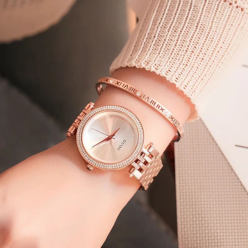 

GUOU Personality Women Watches Female Watch 2018 Strap Durable Luxury Diamond Rose Gold Purple Fashion Ladies Watch 8196