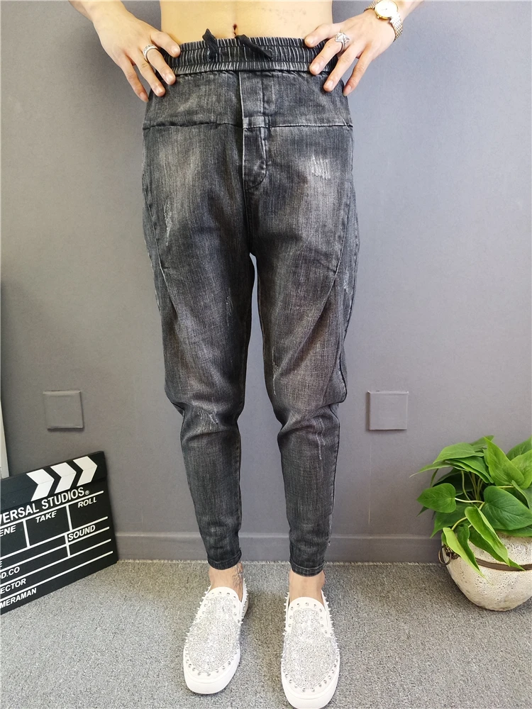 Ретро мужские хип-хоп рэп шаровары мужские серые свободные мешковатые из джинсовой ткани брюки большого размера прямая промежность