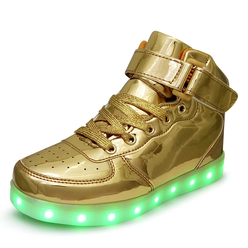 Для девочек светящаяся детская обувь повседневная модная обувь блестящего цвета мальчик с новой имитирующей подошвой для детей неоновые корзина - Цвет: Золотой