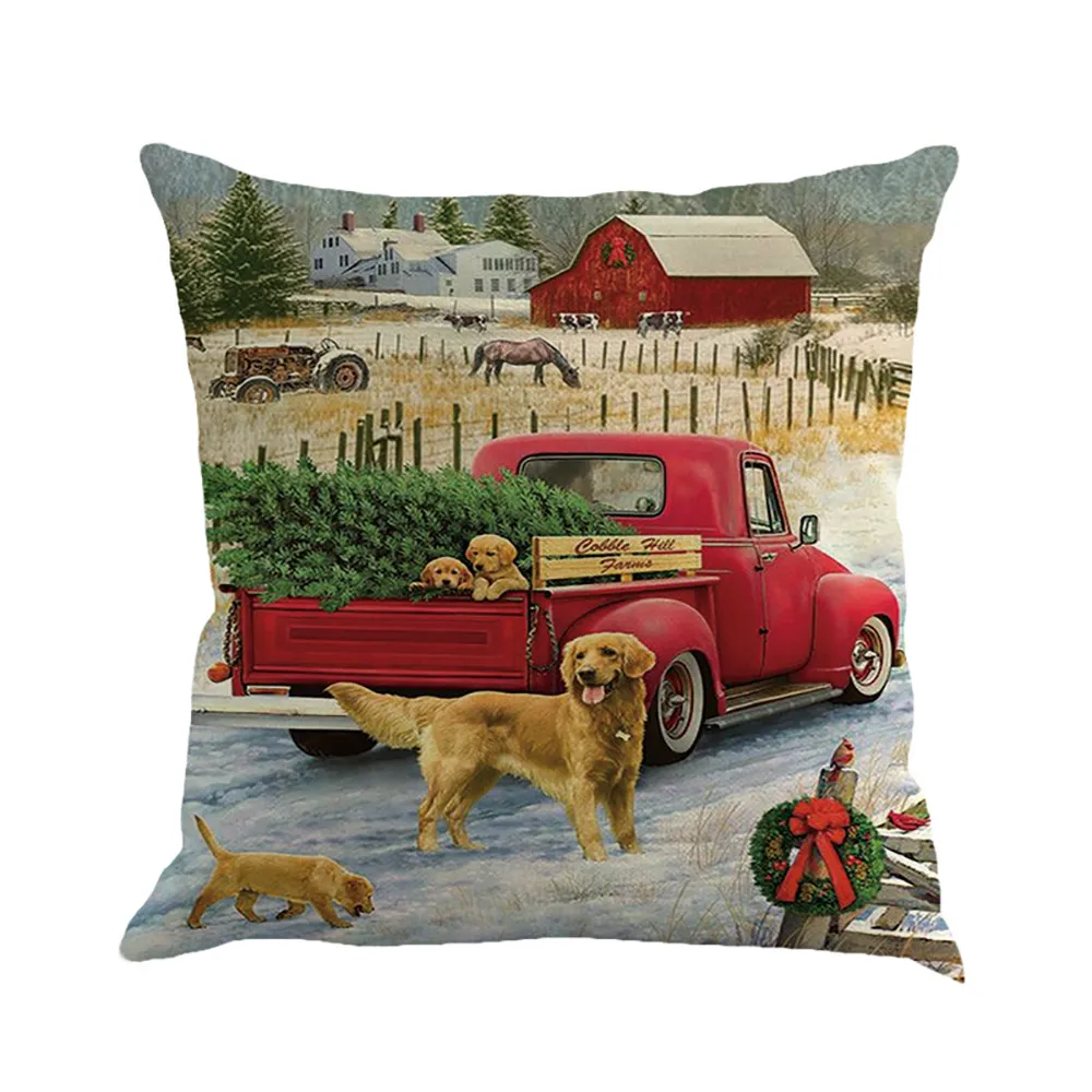 

Christmas Pillow Case Red Cushion Case Cotton Linen Waist Throw Home Reindeer Cushion Cover Elk Decorative Pillows Cover#T2