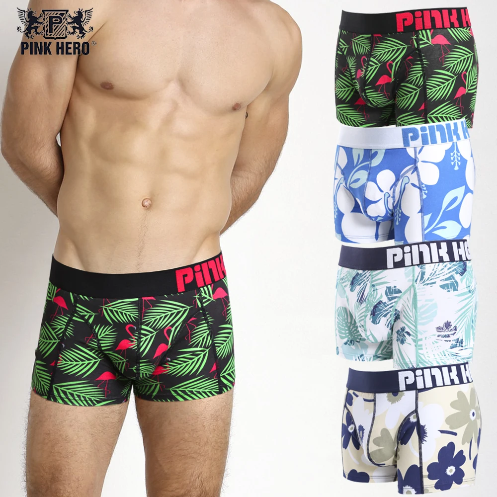 

New 2019 Pink Hero Mens Boxer Cotton Pants Fashion Flower Print Man Underwear Casual Sunny Beach Pouch U Cueca High Quality 512