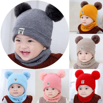 

Infant Toddler Newborn Kid Baby Boys Girs Cotton Pom Hat Cartoon Style Solid Winter Warm Knit Crochet Beanie Cap+Scarf Set 2Pcs