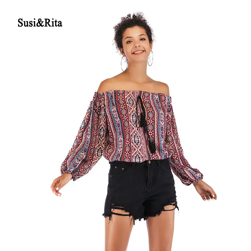 Суси & Рита в винтажном стиле, с длинным рукавом Для женщин Блузки Сексуальная с плеча Свободные блузки Повседневное Дамы Boho летние топы