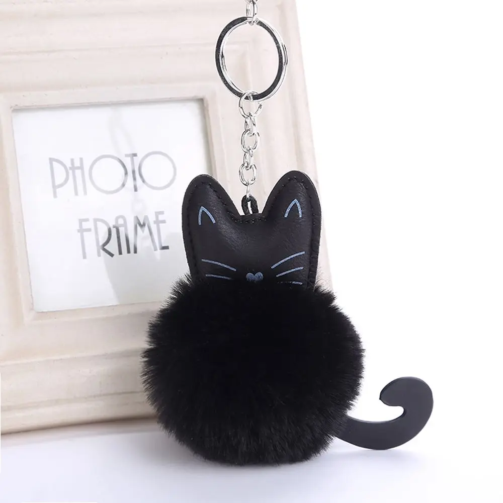 Buy Cute Fluffy Black Cat Keychain Pompom Faux Rabbit