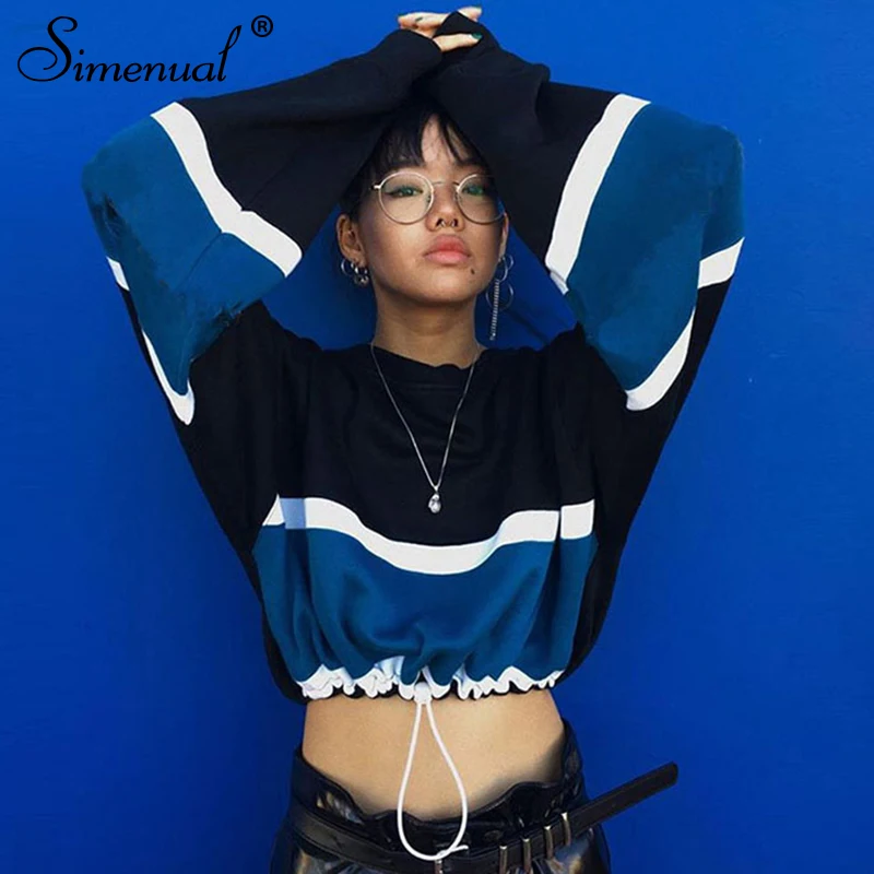 Simenual Contrast color patchwork sweatshirt for women harajuku streetwear drawstring sweatshirts hoodies autumn winter clothing