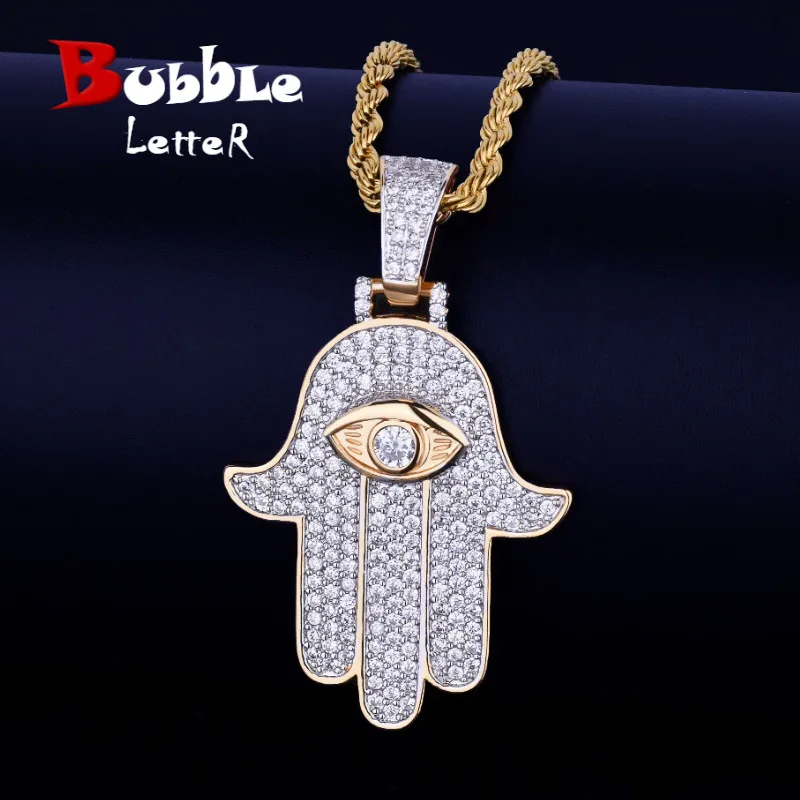 

Iced Hand Pendant Necklace Free Steel Cuban Chain Gold Silver Color Cubic Zircon Men's Hip hop Jewelry For Gift