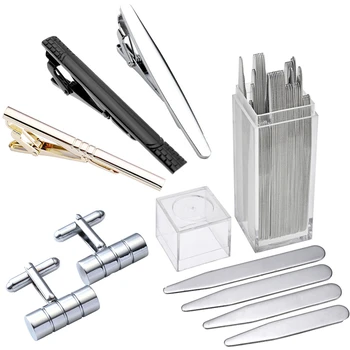 

High Quality Column Stainless Steel Cuff Link and Tie Clip Sets Metal Collar Stays Shirt Inserts Black Silvery Gold For Men Boy