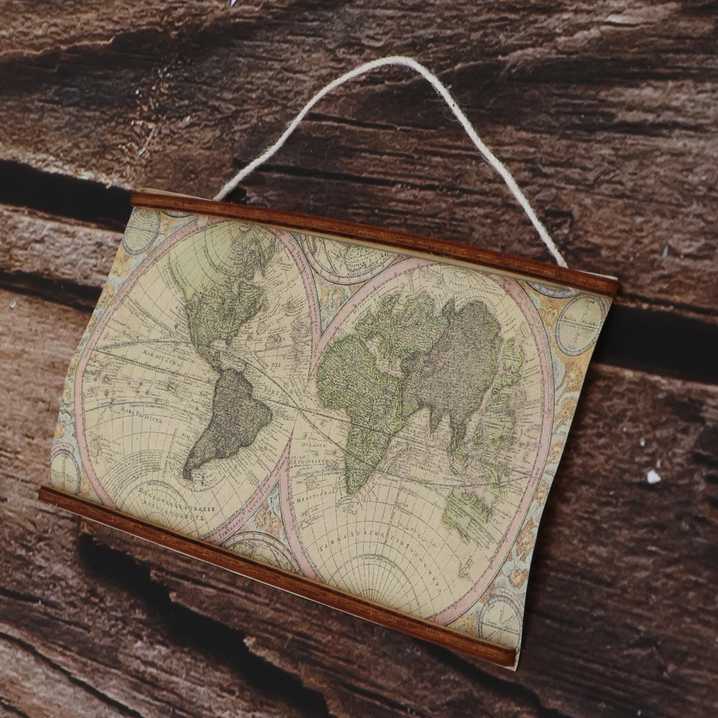 Miniature Vintage Big Map of the World for 1/6 1/12 Scale Dollhouse Room Wall Ornament Dollhouse Wall Decoration Accessory