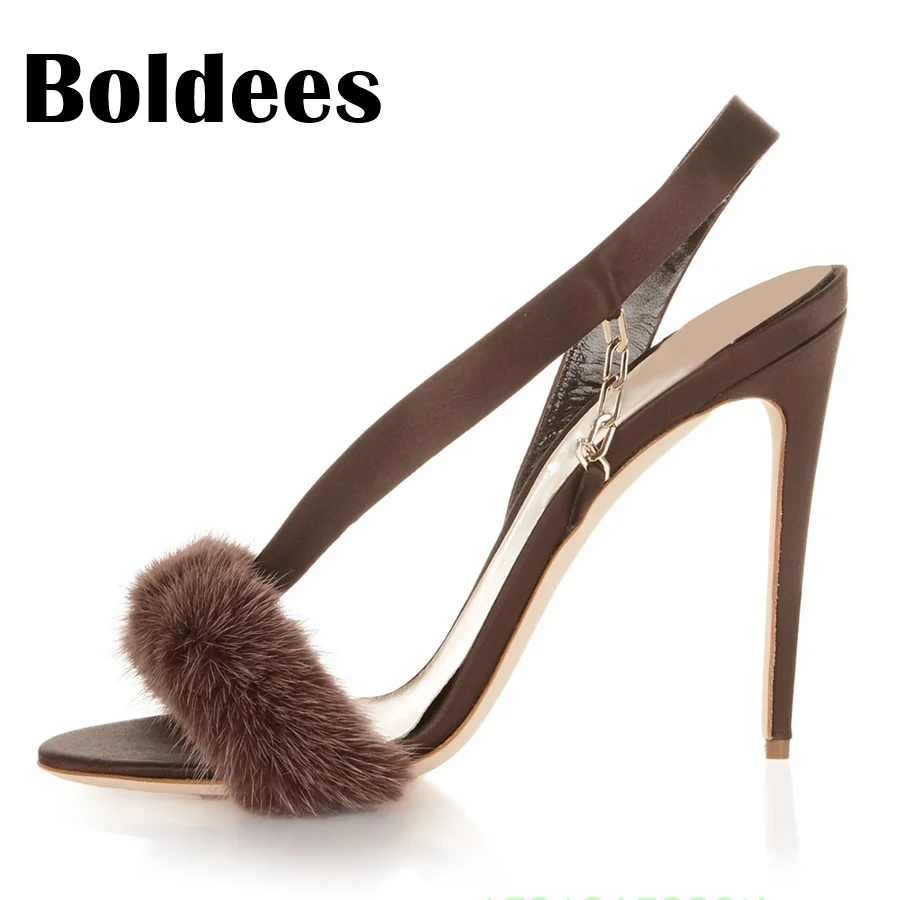 

Boldees New Fashion Women Cross Strap Sandals Sexy High Heels Party Shoes Buckle Real Fur Elegant Stilettos Plus Size 34-43