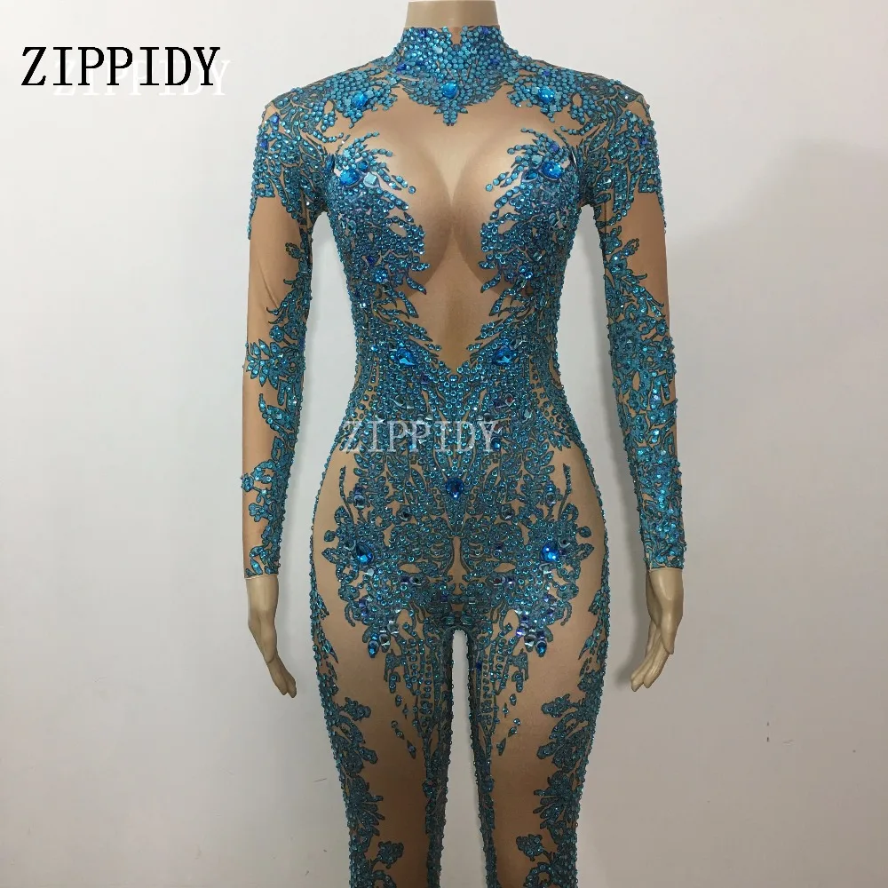 Fashion AB Rhinestones Sparkly Jumpsuit  Sexy Nude Big Stretch Dance Costume One-piece Bodysuit Birthday Outfit Party 
