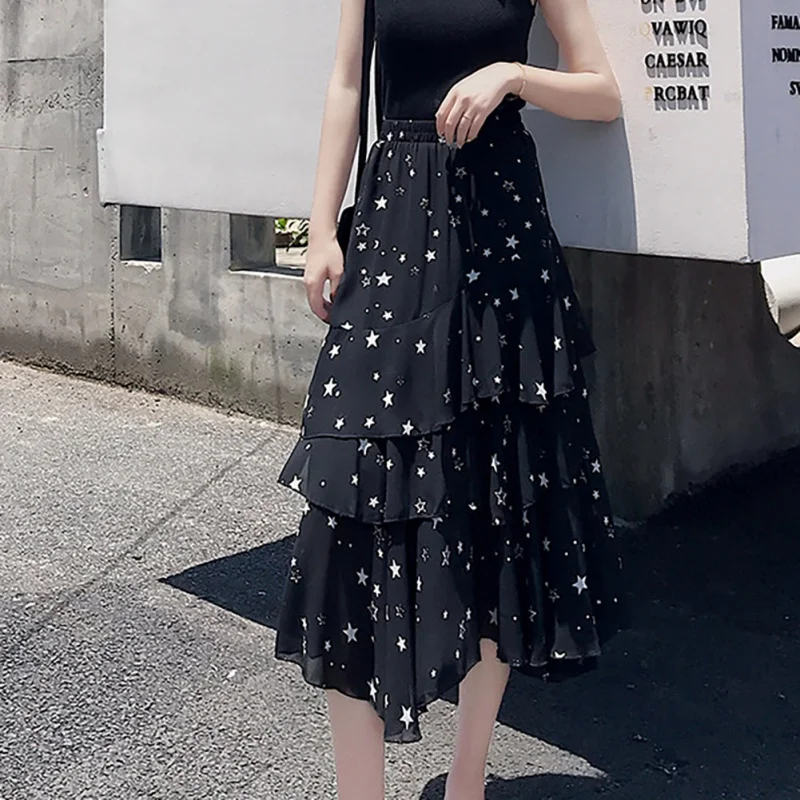 

2019 Summer Autumn Women Midi Skirts Ruffles Ladies Star Print Double Layers Flare Skirt High Waist Female Tutu Skirt