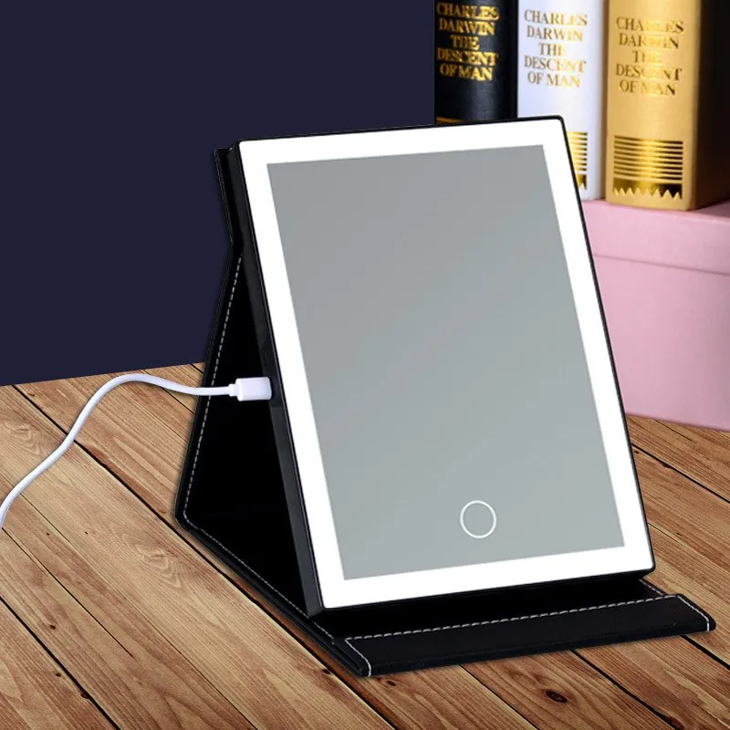 

Touch Screen LED Folding Makeup Mirror With Light Portable PU Leather Table Desktop Lighted Foldable Rectangle Cosmetic Mirror