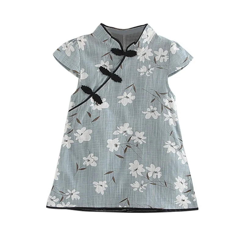 Модные летние платья для маленьких девочек, китайское традиционное платье Ципао синего цвета с цветочным узором
