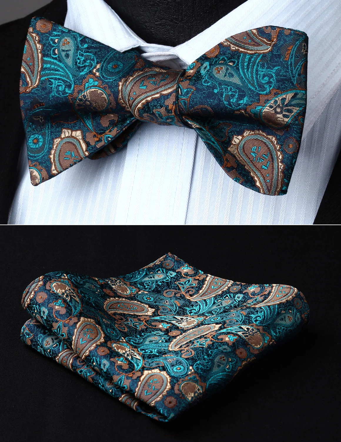  Classic Wedding BP711QS Green Brown Pailey Bowtie Men Silk Self Bow Tie handkerchief set Party Pock