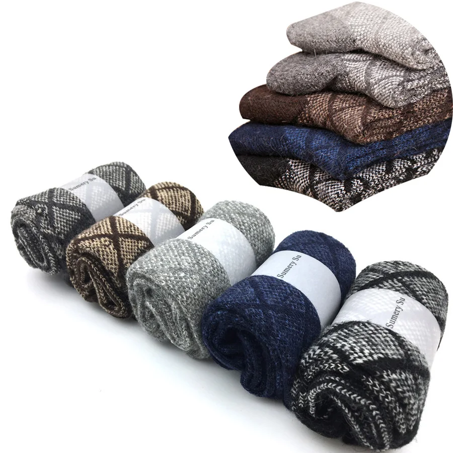 5 Pairs Lot Wool Socks Men Winter Cashmere Warm Casual Sock Meias Rhombus Pattern Virtual point
