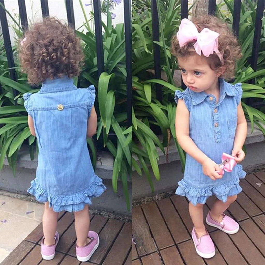 

Baby Infant Girls Kids Denim Sleeveless Shirt Ruffle Dress Sundress Clothes girls summer dress roupa menina vestidos infantil