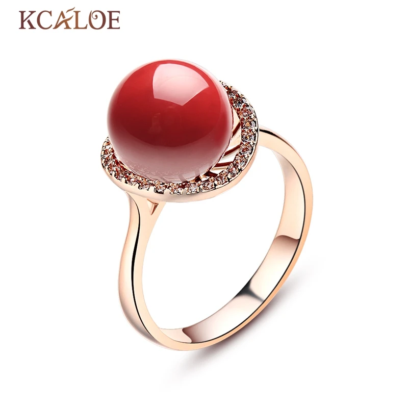 

KCALOE Big Round Red Artificial Coral Stone Rose Gold Color Cubic Zirconia Engagement Rings For Women Anillos Rubi Mujer