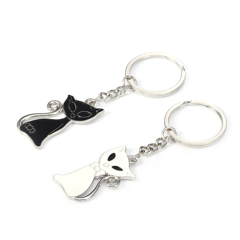 Fashion Cute Cat Couples Key Chains Black White Cat Key Holder Women