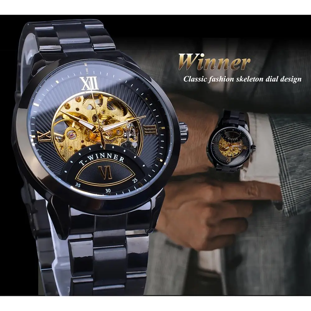 Skup Zwycięzca 2019 zegarek męski automatyczny mechaniczny Luminous ręcznie szkielet biznes czarny pasek ze stali nierdzewnej zegarki Relogio Masculino